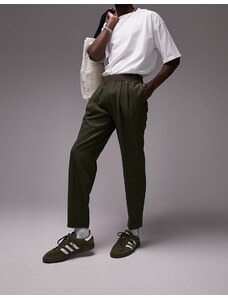 Topman - Pantaloni affusolati premium in misto lana con fascia in vita elasticizzata kaki-Verde