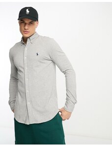 Polo Ralph Lauren - Camicia in piqué grigio mélange con colletto button-down e logo