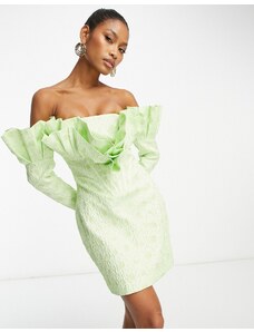 ASOS LUXE - Vestito corto a maniche lunghe jacquard verde stampato con scollo alla Bardot