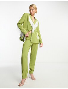 Extro & Vert - Pantaloni premium dritti verdi e bianchi con frange in coordinato-Verde