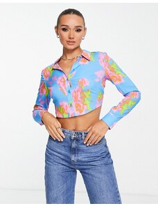 ASOS DESIGN - Camicia corta aperta dietro blu acceso con stampa rosa-Multicolore
