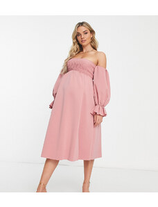 ASOS Maternity ASOS DESIGN Maternity - Vestito midi arricciato rosa tenue con scollo alla Bardot e maniche a campana-Multicolore