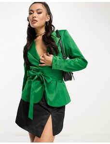 Unique21 - Blazer in raso verde acceso stile corsetto con cintura in coordinato