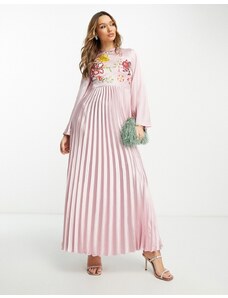 ASOS DESIGN - Vestito lungo in raso plissettato rosa con ricami