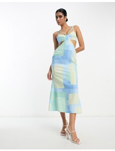 ASOS DESIGN - Vestito midi con cut-out e fascette color acqua slavato con stampa geometrica-Multicolore