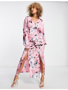 Liquorish - Vestito lungo in raso rosa pallido a fiori con maniche a kimono