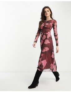 ASOS DESIGN - Vestito midi a maniche lunghe in rete rosa e nero a fiori astratto