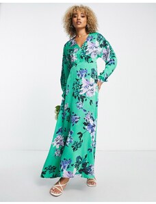 Liquorish - Vestito lungo avvolgente di raso verde a fiori, con maniche lunghe