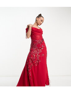 Starlet - Vestito lungo con scollo alla Bardot e spacco sulla coscia rosso in pizzo a fiori con frange di perline