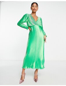 ASOS DESIGN - Vestito midi in raso verde a pieghe con scollo profondo
