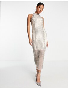 ASOS DESIGN - Vestito midi in rete color argento con strass