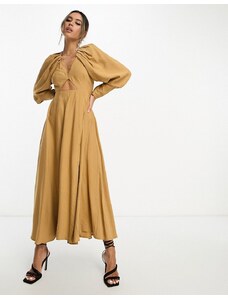 ASOS EDITION - Vestito midi color cammello con pieghe sulle spalle e cut-out sul retro-Neutro