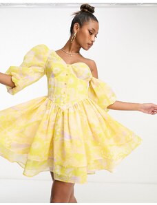 ASOS Luxe - Vestito corto monospalla a sbuffo con dettaglio a corsetto e stampa a fiori-Multicolore