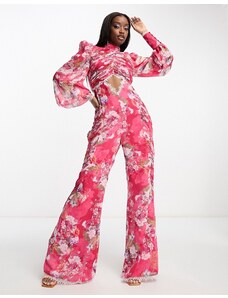 ASOS LUXE - Tuta jumpsuit in chiffon arricciato a fiori con manica a campana e dettaglio in pizzo-Multicolore