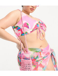 ASOS DESIGN Curve - Top bikini corto rosa con stampa astratta a macchie con lacci-Multicolore