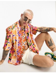 ASOS DESIGN - Camicia squadrata oversize con stampa fotografica verticale a fiori e rever-Multicolore