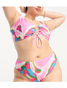 ASOS DESIGN Curve - Slip bikini a vita alta sgambati rosa con stampa astratta a macchie-Multicolore