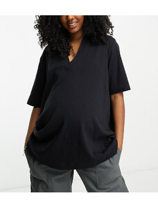 ASOS Maternity ASOS DESIGN Maternity - Camicia comoda stile polo nera con profondo scollo a V-Black
