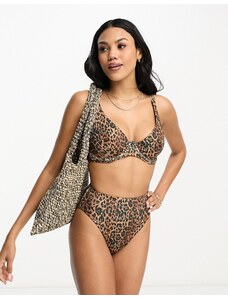 ASOS DESIGN Coppe Grandi - Top bikini Mix and Match leopardato a coste con ferretto e davanti asimmetrico-Multicolore