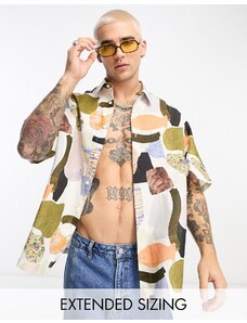 ASOS DESIGN - Camicia oversize squadrata in misto lino con stampa astratta-Multicolore