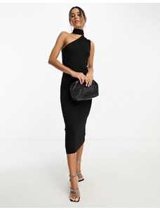 ASOS DESIGN - Vestito midi nero allacciato al collo monospalla