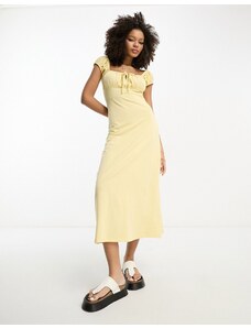 ASOS DESIGN - Vestito midi arricciato con maniche ad aletta e laccetti giallo limone