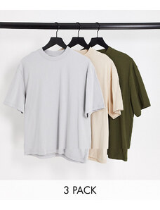 Topman - Confezione da 3 t-shirt oversize kaki, pietra e grigio chiaro-Multicolore