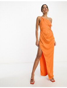 ASOS DESIGN - Vestito lungo monospalla con spacco profondo e dettaglio con incrocio in raso arancione slavato