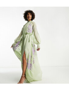 ASOS Tall ASOS DESIGN Tall - Vestito lungo accollato verde con allacciatura in vita e ricamo stencil floreale lilla
