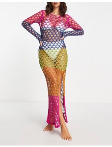 ASOS DESIGN - Vestito da spiaggia al polpaccio a maniche lunghe in maglia all'uncinetto a blocchi di colore-Multicolore