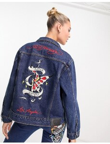 Ed Hardy - Giacca di jeans aderente con stampa "Love is a mystery"-Blu
