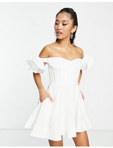Bardot - Vestito corto stile corsetto bianco con maniche con volant