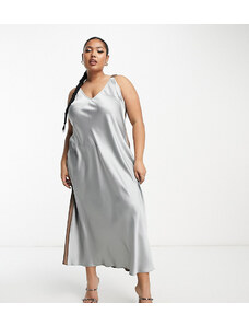 ASOS Curve ASOS DESIGN - Vestito sottoveste midi in raso grigio e moka color block con retro elasticizzato