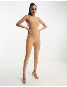 Fashionkilla - Tuta jumpsuit color cammello aderente con scollo a vogatore aperto dietro-Neutro