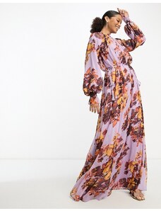 ASOS DESIGN - Vestito lungo a trapezio con scollo elasticizzato, allacciatura in vita, polsini arricciati e stampa floreale vivace-Multicolore