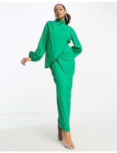 ASOS DESIGN - Vestito lungo in twill slavato verde acceso con maniche a palloncino e spalle drappeggiate
