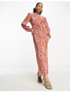 ASOS DESIGN - Vestito lungo plissé con dettaglio in vita verde e rosa a fiori-Multicolore