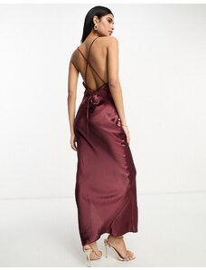ASOS DESIGN - Vestito sottoveste lungo da damigella con spalline sottili in raso lucido rosso vino con lacci sulla schiena-Giallo