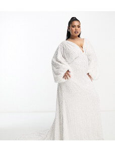 ASOS Curve ASOS Edition Curve - Lennox - Vestito da sposa con maniche a campana e strascico color avorio con paillettes-Bianco