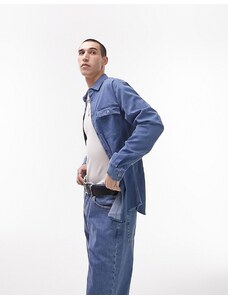 Topman - Camicia di jeans a maniche lunghe stretch blu lavaggio medio