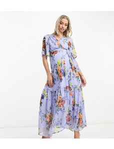 Hope & Ivy Maternity - Vestito al polpaccio a portafoglio lilla a fiori con maniche con volant-Viola