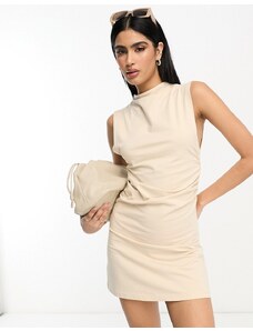 ASOS DESIGN - Vestito corto color pietra con scollo oversize e arricciatura laterale-Bianco