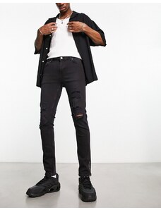 ASOS DESIGN - Jeans skinny neri con zip e strappi sulle ginocchia-Black