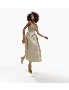 ASOS DESIGN - Vestito midi per il ballo di fine anno in cotone strutturato con dettaglio stile corsetto color pietra-Neutro