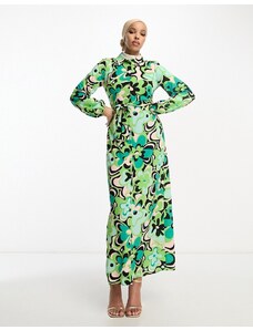 ASOS DESIGN - Vestito camicia lungo allacciato sul davanti verde con stampa a fiori rétro grandi-Multicolore