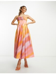 ASOS DESIGN - Vestito midi in cotone strutturato con busto arricciato e gonna a pieghe arancione con stampa acquerello-Multicolore