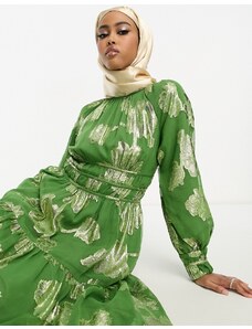 ASOS DESIGN - Vestito lungo metallizzato con maniche a sbuffo verde a fiori color oro-Multicolore