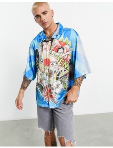 ASOS DESIGN - Camicia oversize con spalle scivolate in raso con stampa-Multicolore