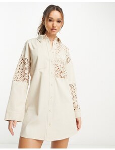 ASOS DESIGN - Vestito camicia corto color crema vintage in twill all'uncinetto-Bianco