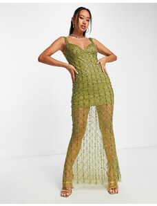 ASOS DESIGN - Vestito sottoveste lungo verde oliva con decorazione con paillettes-Multicolore